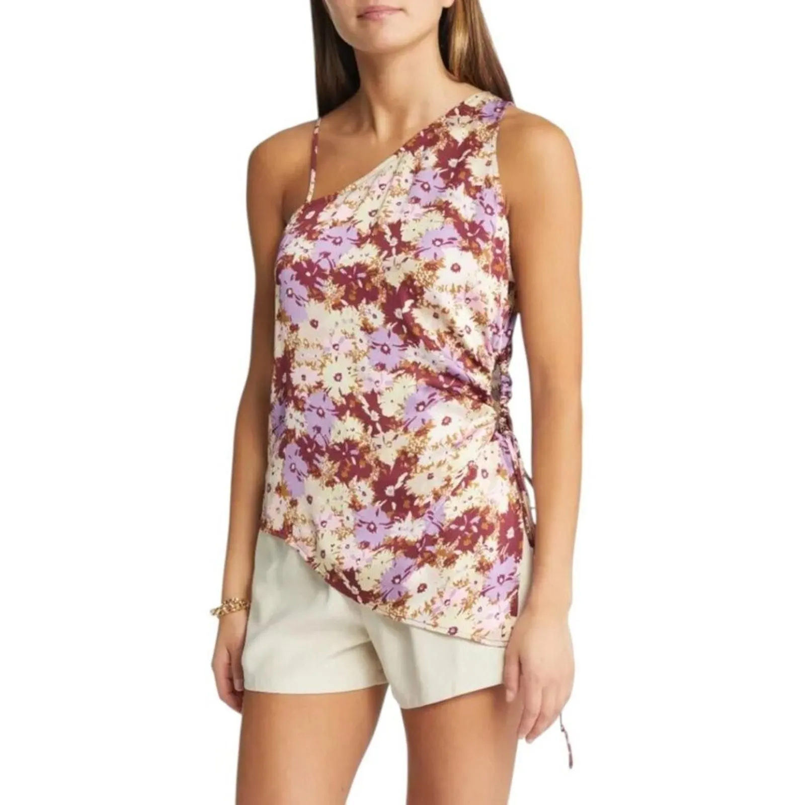 Product image for Open Edit Drawstring Detail One-shoulder Top Brown Toffee Floral Size Small NWOT - new-without-tags - Open Edit