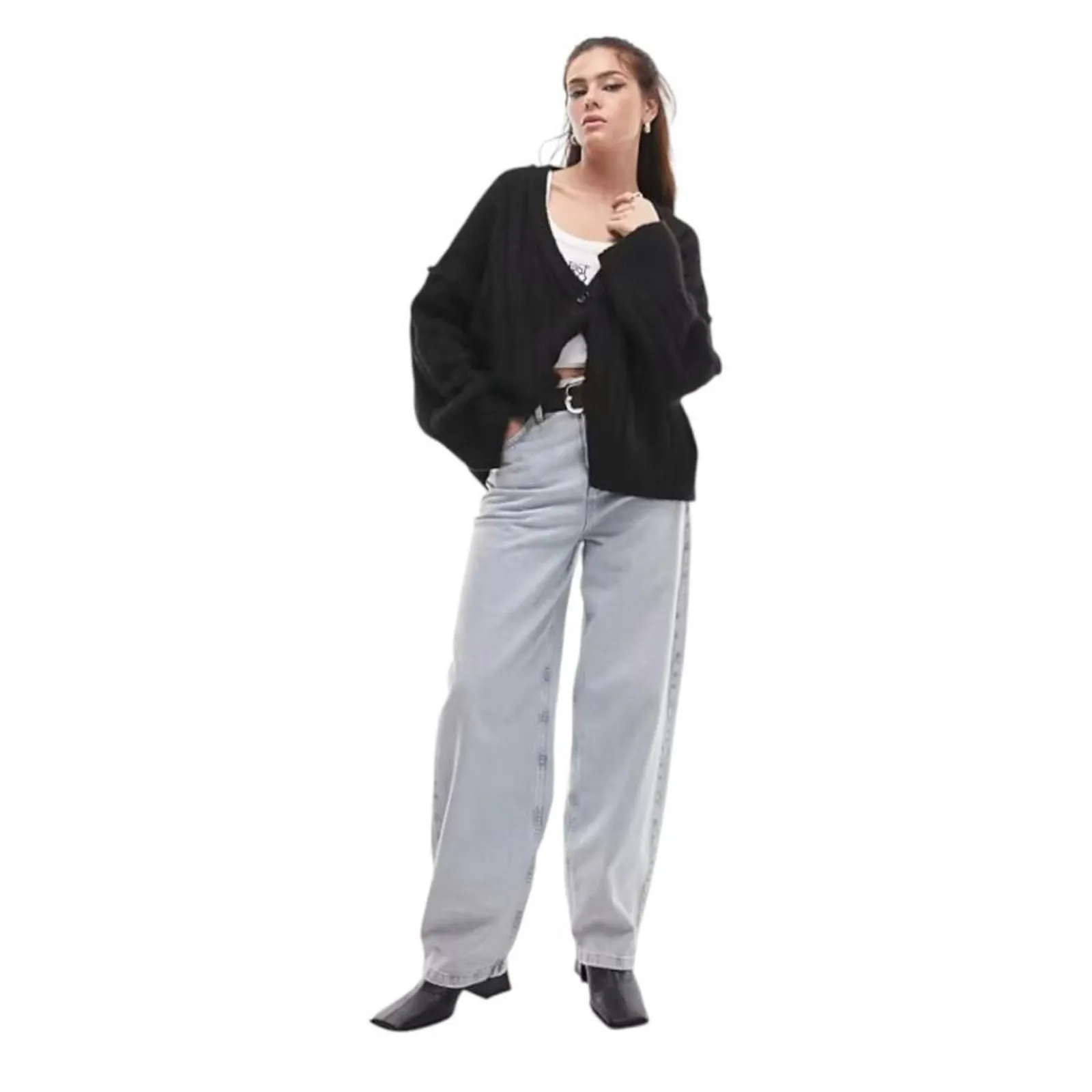 Product image for TopShop Knit Fluffy V Neck Wide Ribbed Cardigan Black Size Small NWOT $68 MSRP - new-without-tags - Topshop