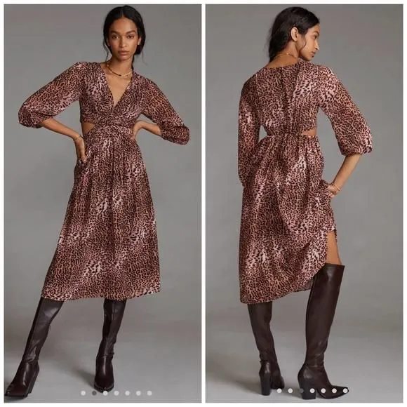 Product image for ANTHROPOLOGIE RANNA GILL Animal Print Cut Out Midi Dress Size Large NEW