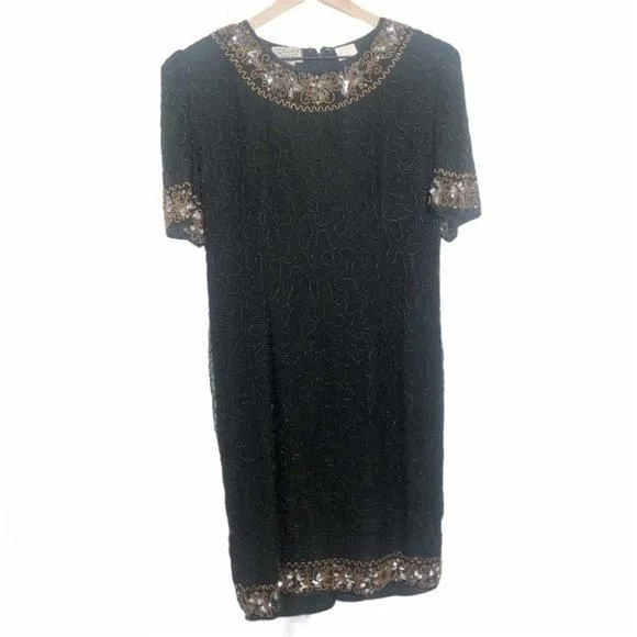Product image for VINTAGE 100% Silk Black Beaded & Sequin Mini Dress