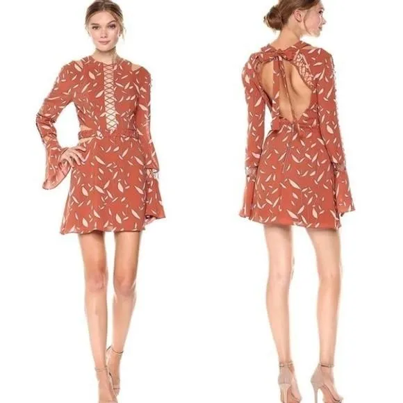 Product image for FINDERS KEEPERS Borderlines Papaya Vine Long Sleeve Cut Out Mini Dress Small NEW