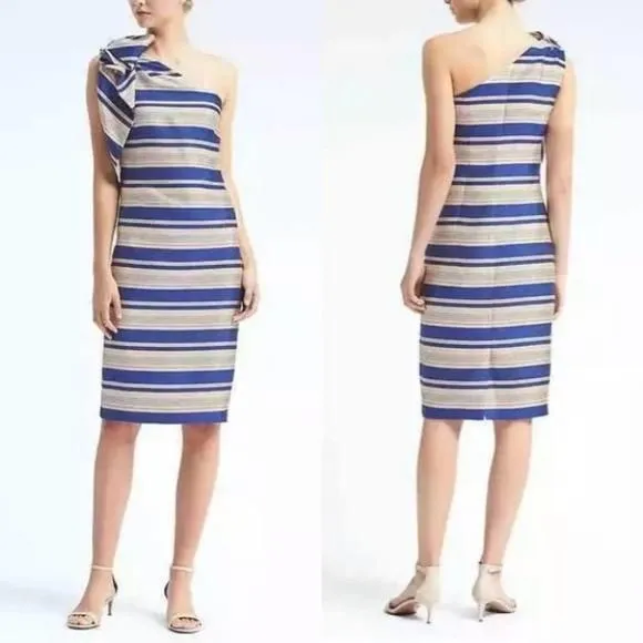 Product image for BANANA REPUBLIC One Shoulder Bow Stripe Dress Size 4 NEW