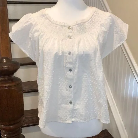 Product image for BB DAKOTA by STEVE MADDEN White French Dot Flutter Sleeve Button Front Sz LRG