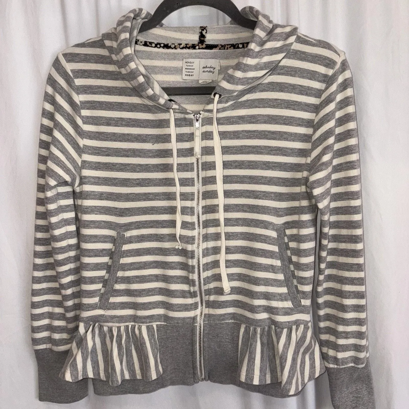 Product image for Anthropologie Saturday and Sunday Ruffle Striped Full Zip Hoodie Gray MEDIUM - Anthropologie