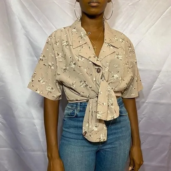 Product image for Mauve floral button up short sleeve blouse XL