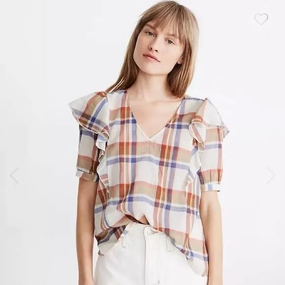 Product image for Madewell V-Neck Shoulder-Ruffle Top in Plaid