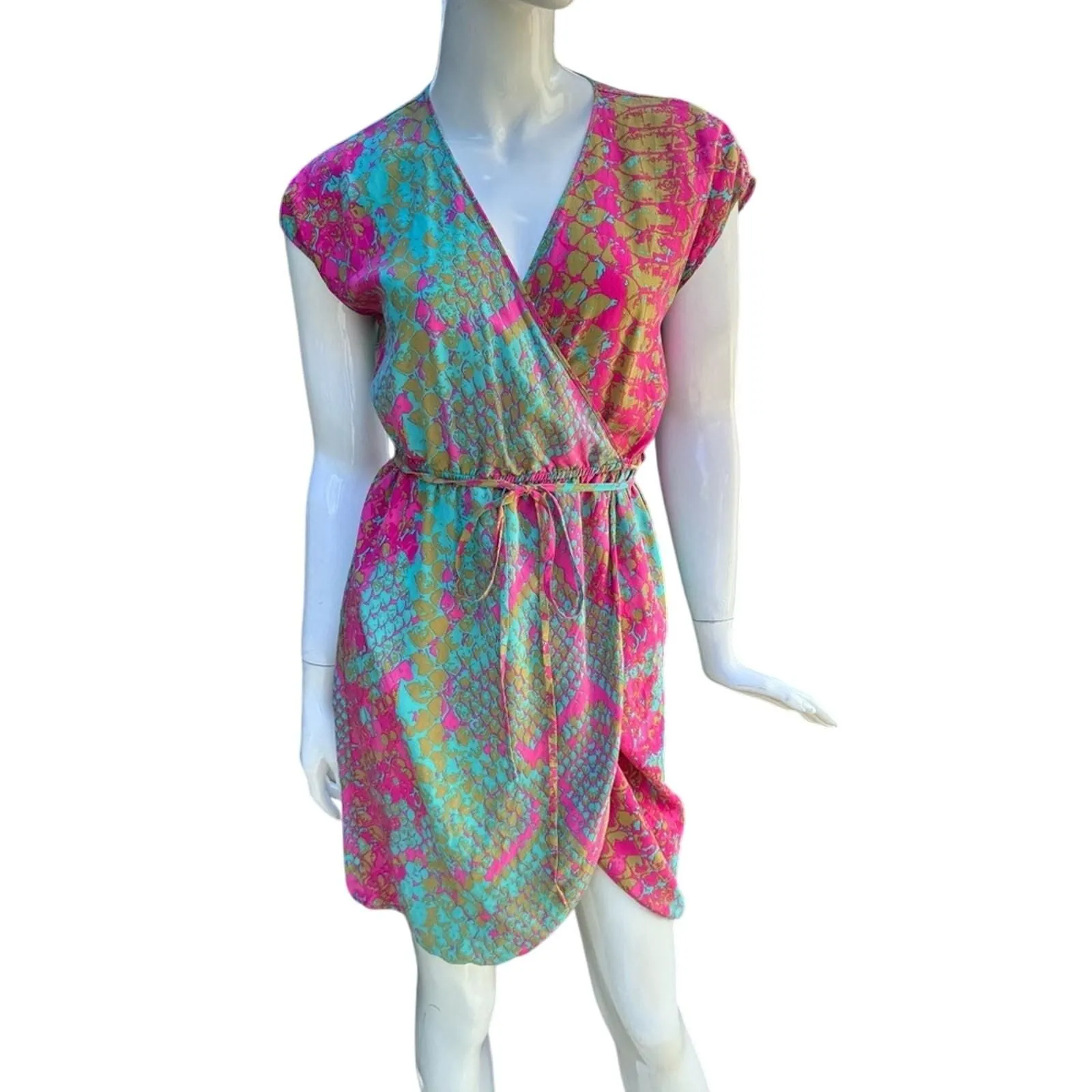 Product image for Presley Skye Silk Faux Wrap Tulip Hem Dress Pink Teal Cap Sleeve Women's XS - Dresses - pre-owned---good - Presley Skye