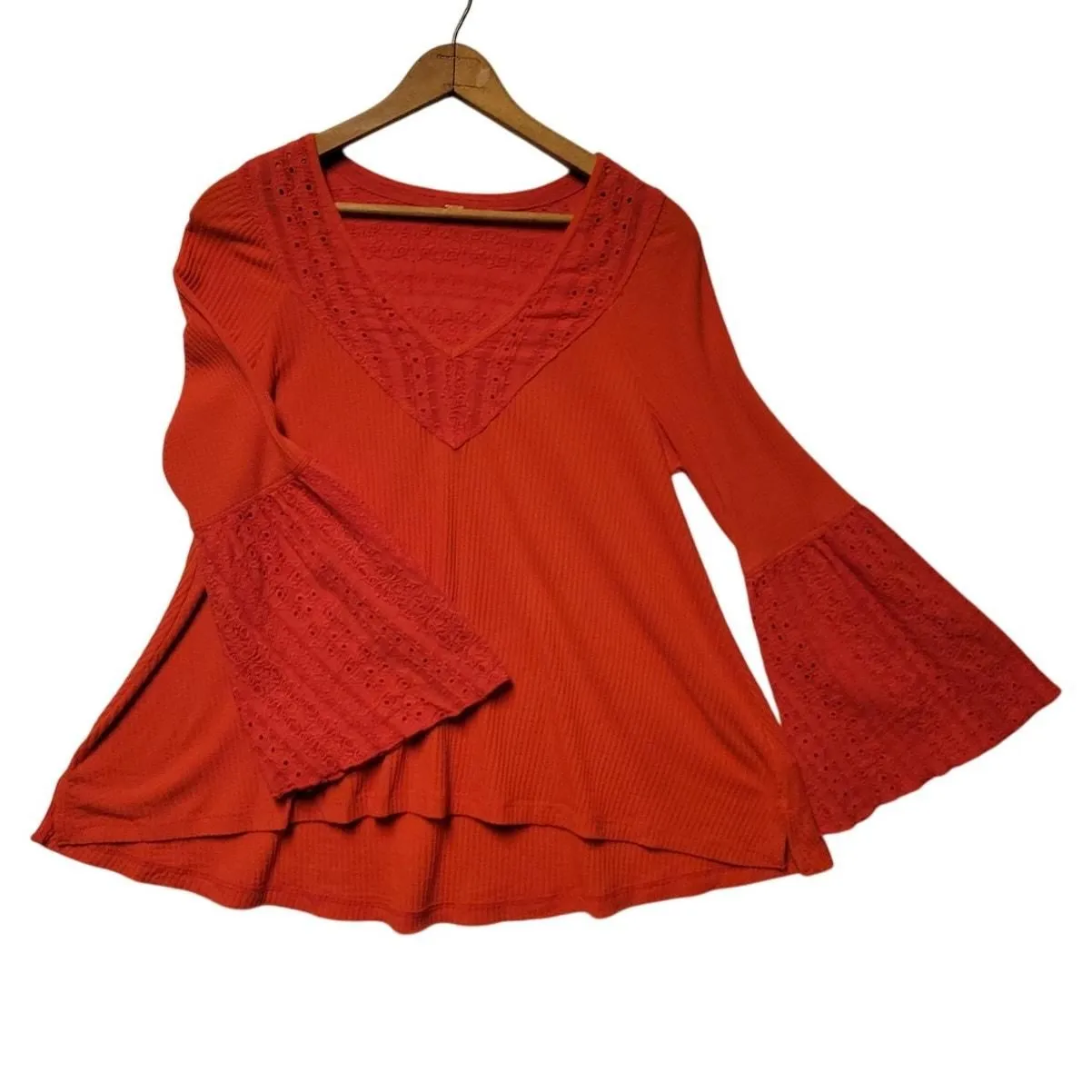 Product image for Free People Women's Deep V-Neck Eyelet Flare Sleeve Top Boho Festival Oversized - pre-owned---good - Free People