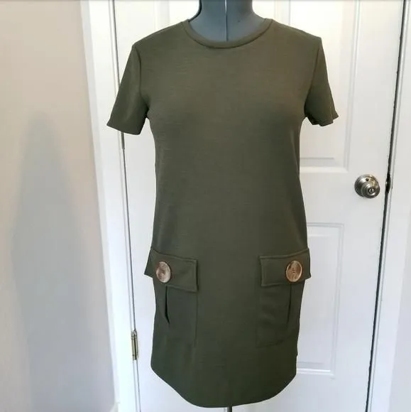 Product image for Zara Basic utility shift dress olive green button pockets stretchy Size Small