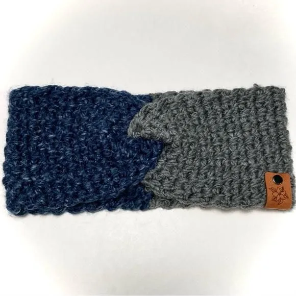 Product image for Headband Ear Warmer handmade crocheted navy blue gray twist turban acrylic