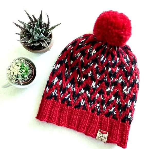 Product image for Highland Wool, Find Your Way beanie Knit Yarn Pom Pom Red Black White chevron