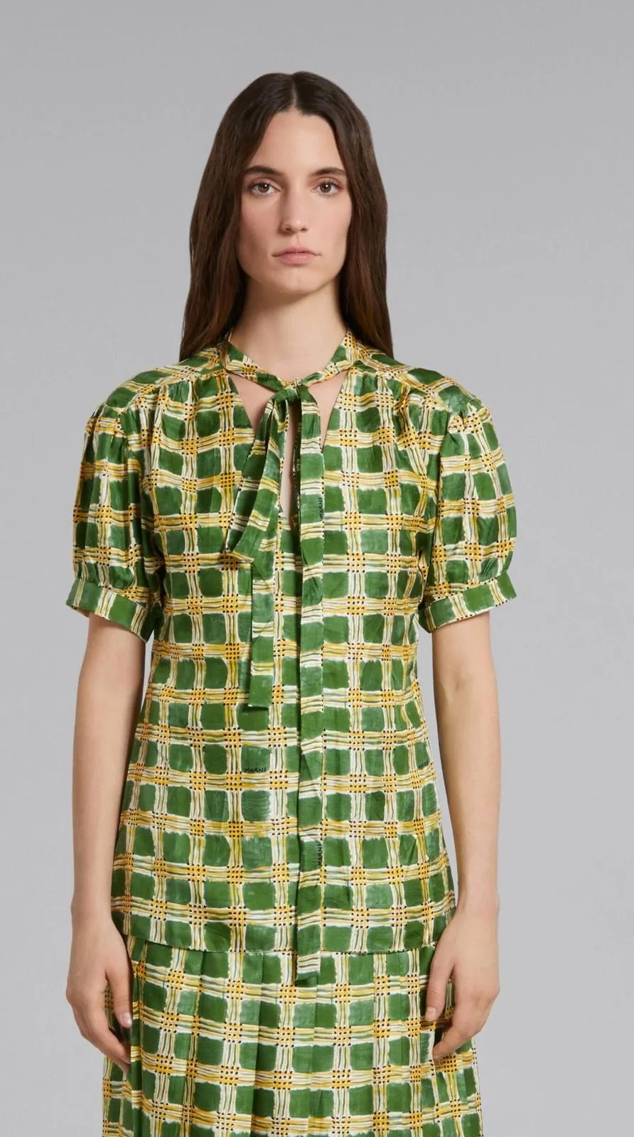 Marni - Green Silk Twill Top With Check Fields Print - Shirts - Woman - Size: 36