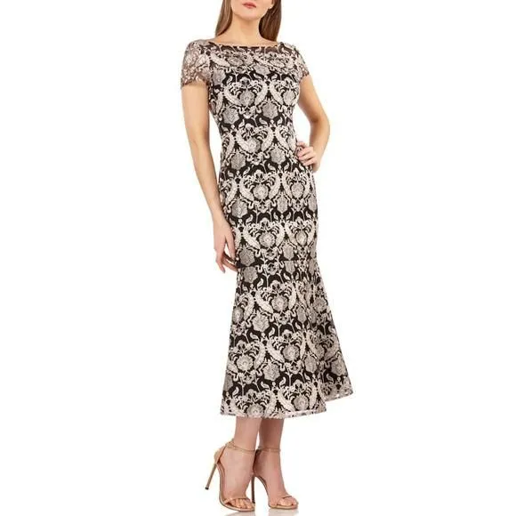 JS Collections Embroidered Midi Dress Flare Lace Mermaid Formal Black Ivory 21