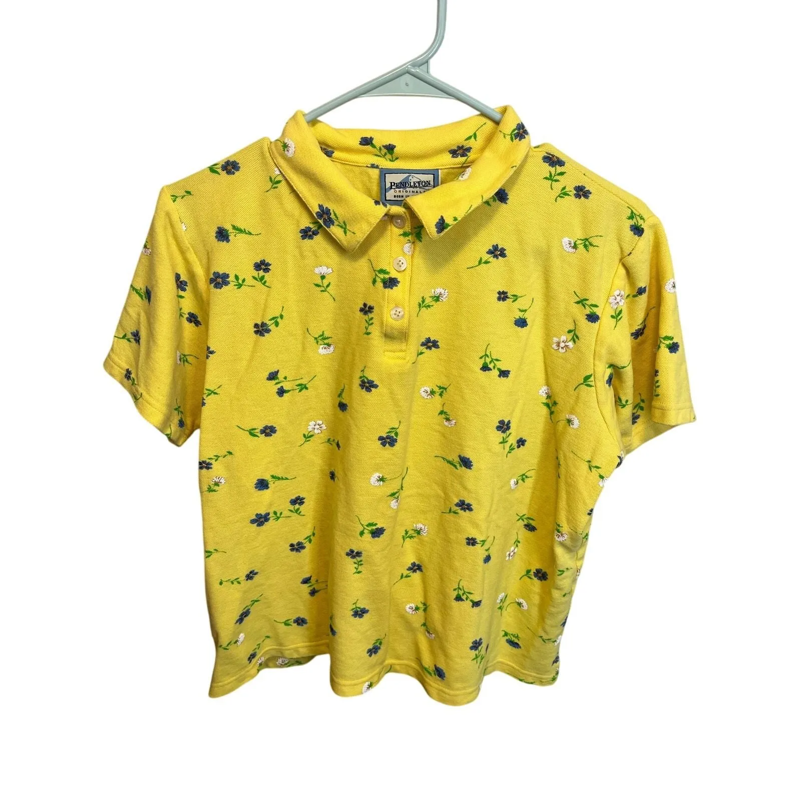 Product image for Pendleton Collared Button Up Yellow Floral Short Sleeve Cotton Top Size Large - Pendleton