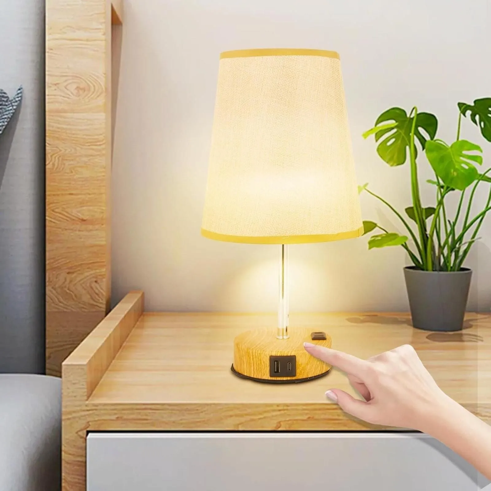 Product image for Touch Table Lamp, 3 Way Dimmable Bedside, USB-C USB-A and AC Ports, Trapezoid