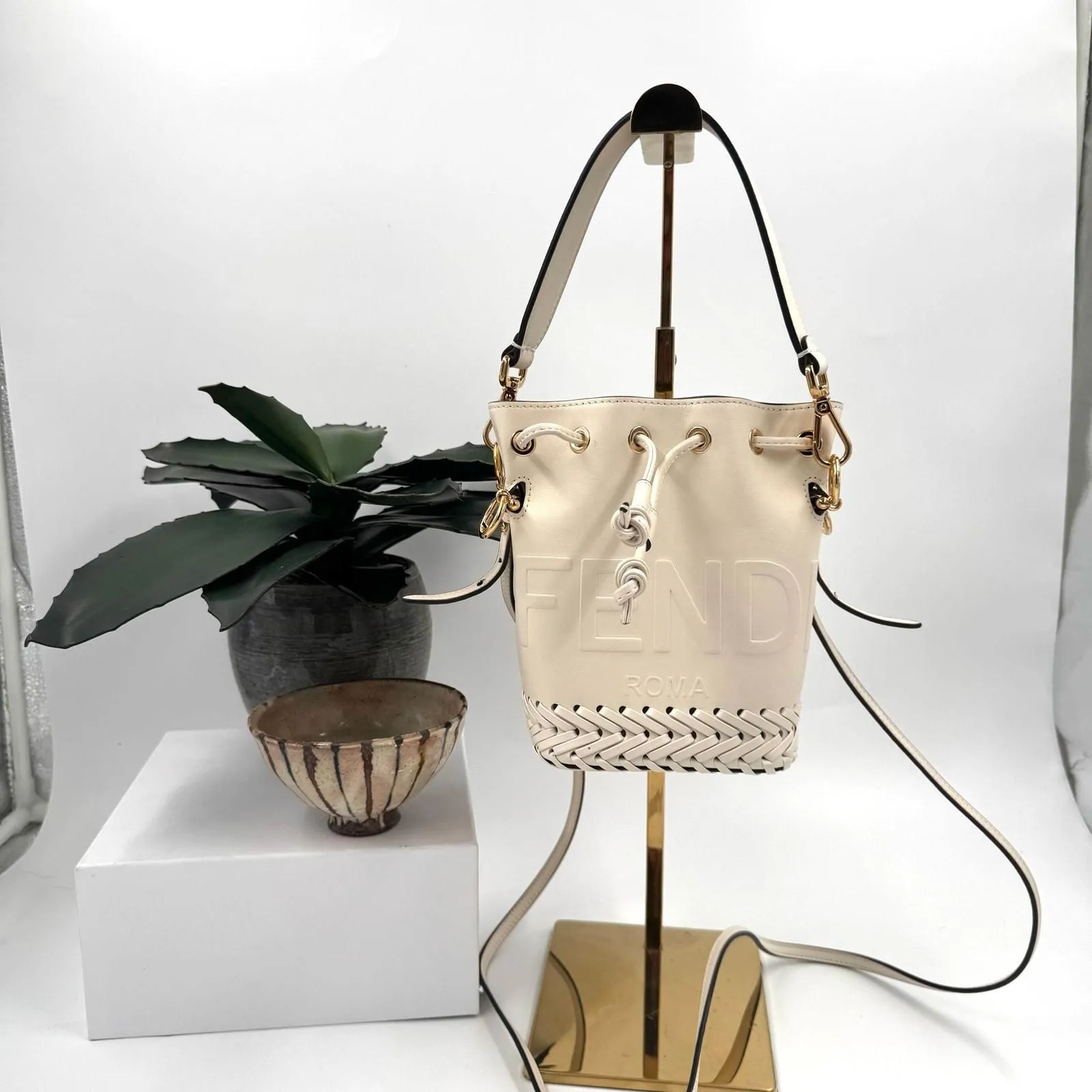 Product image for 780 Fendi Ivory Cream Leather Mon Tresor Whipstitch Woven Neut Mini Bucket Bag GHW