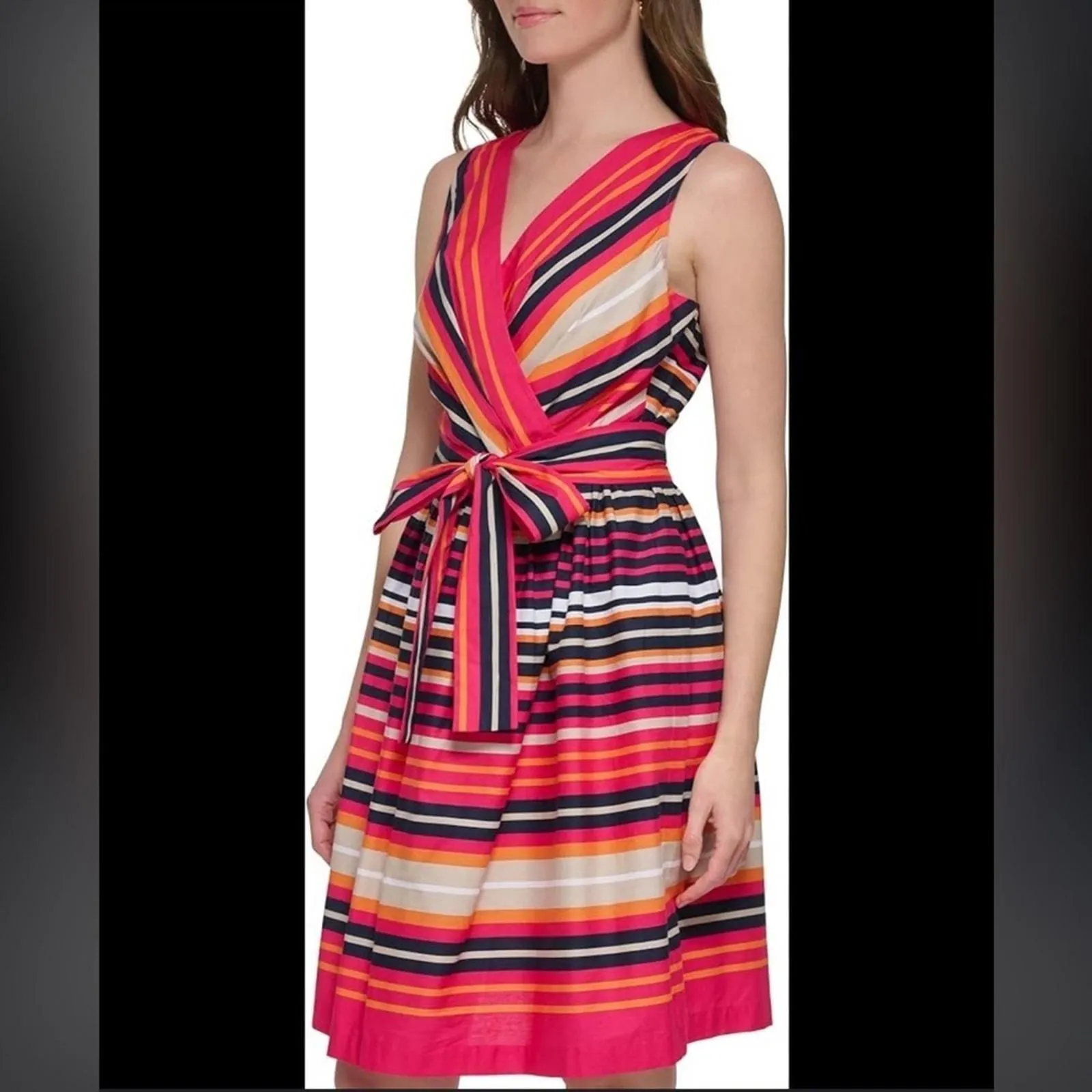 Product image for Tommy Hilfiger Multicolor Striped Dress Waist tie Knee Length Casual Womens 12 - new-with-tags - Tommy Hilfiger