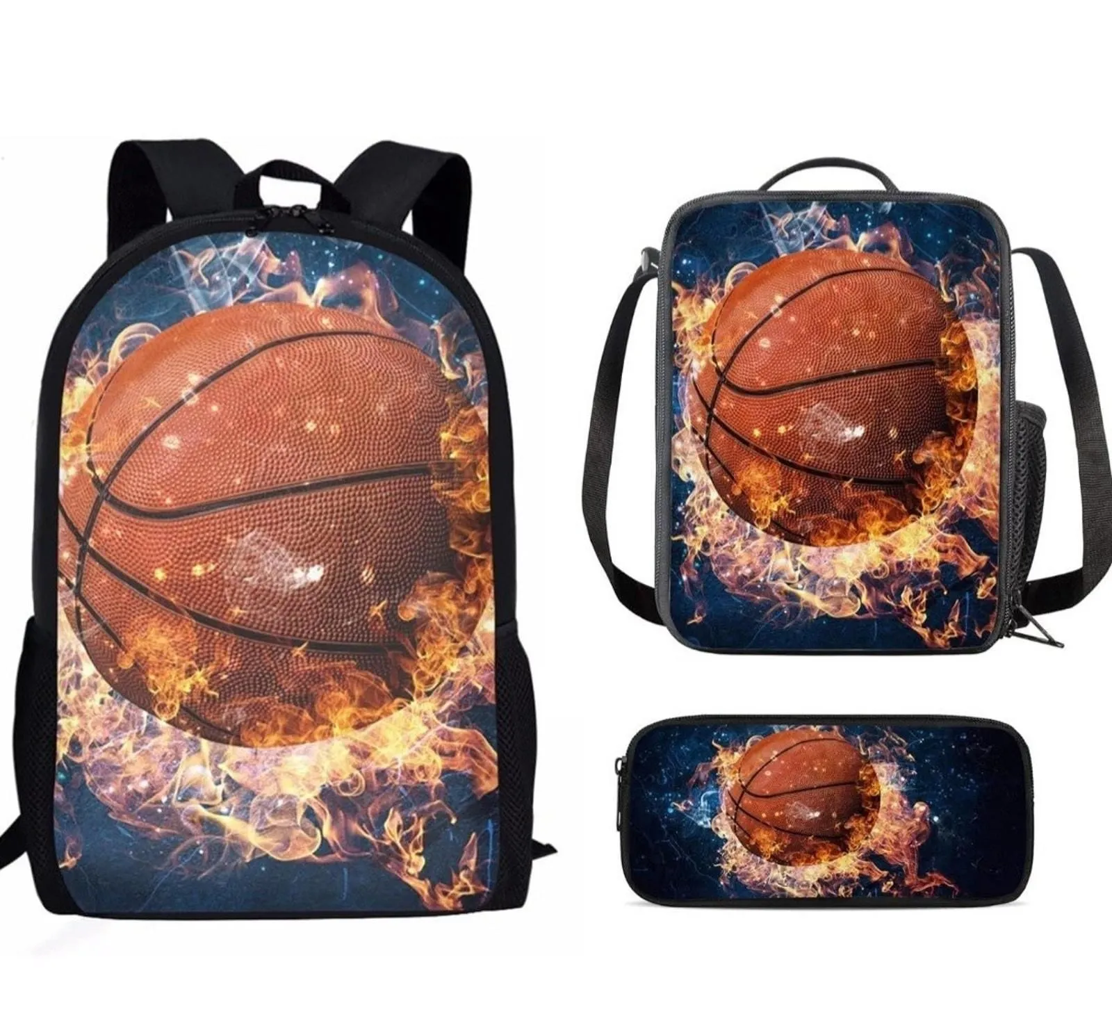 Product image for 3 Pcs Backpack Set Insulated With Lunch Tote And Pencil Case, Fire Basketball