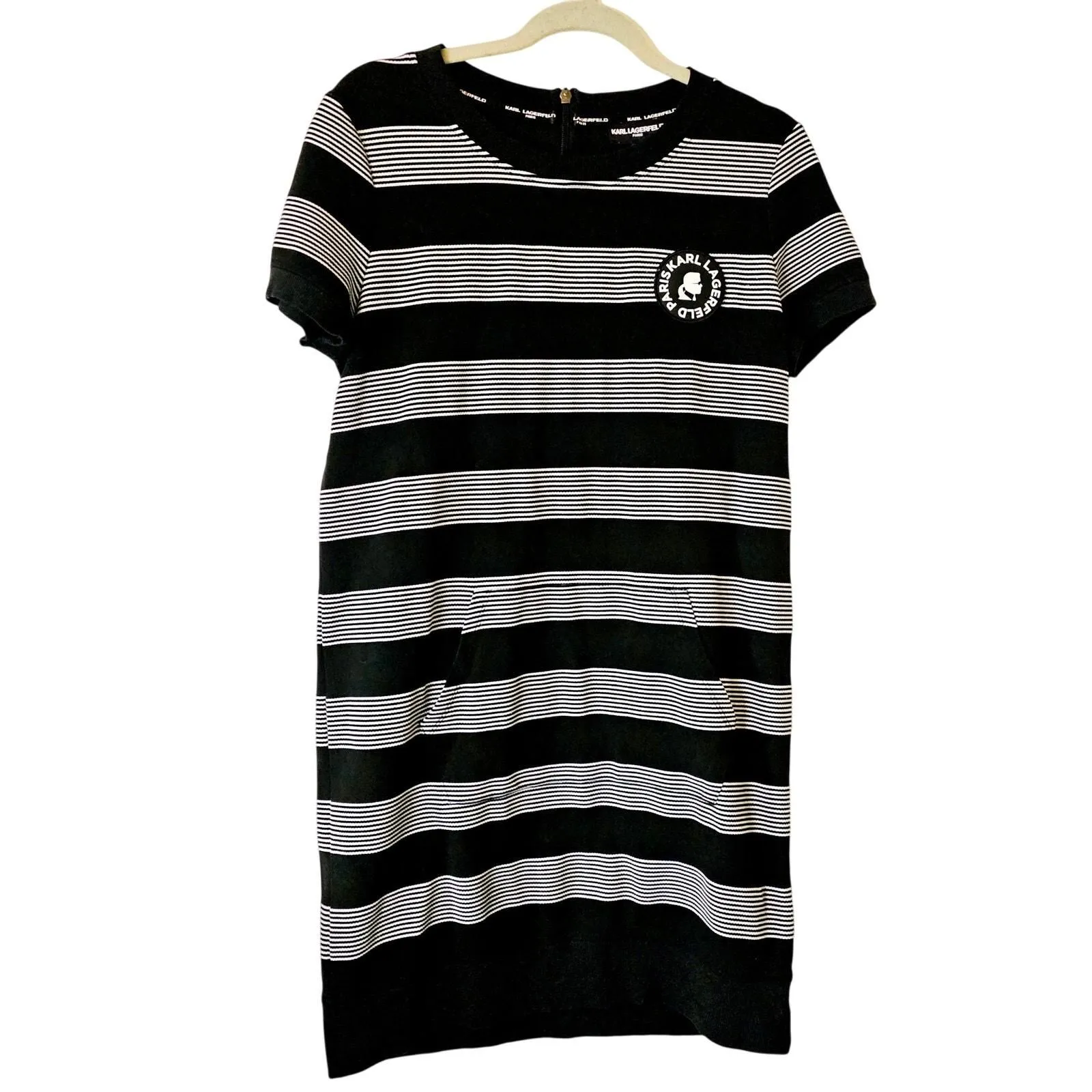 Product image for KARL Lagerfeld Paris Sm BlacknWhite Striped Round Logo W Zip. Stretchy. Pockets