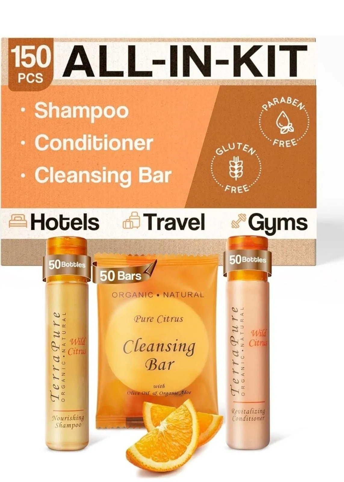 Product image for Terra Pure Wild Citrus Bulk Set | 1 oz Shampoo & Conditioner & Soaps 150 Piece