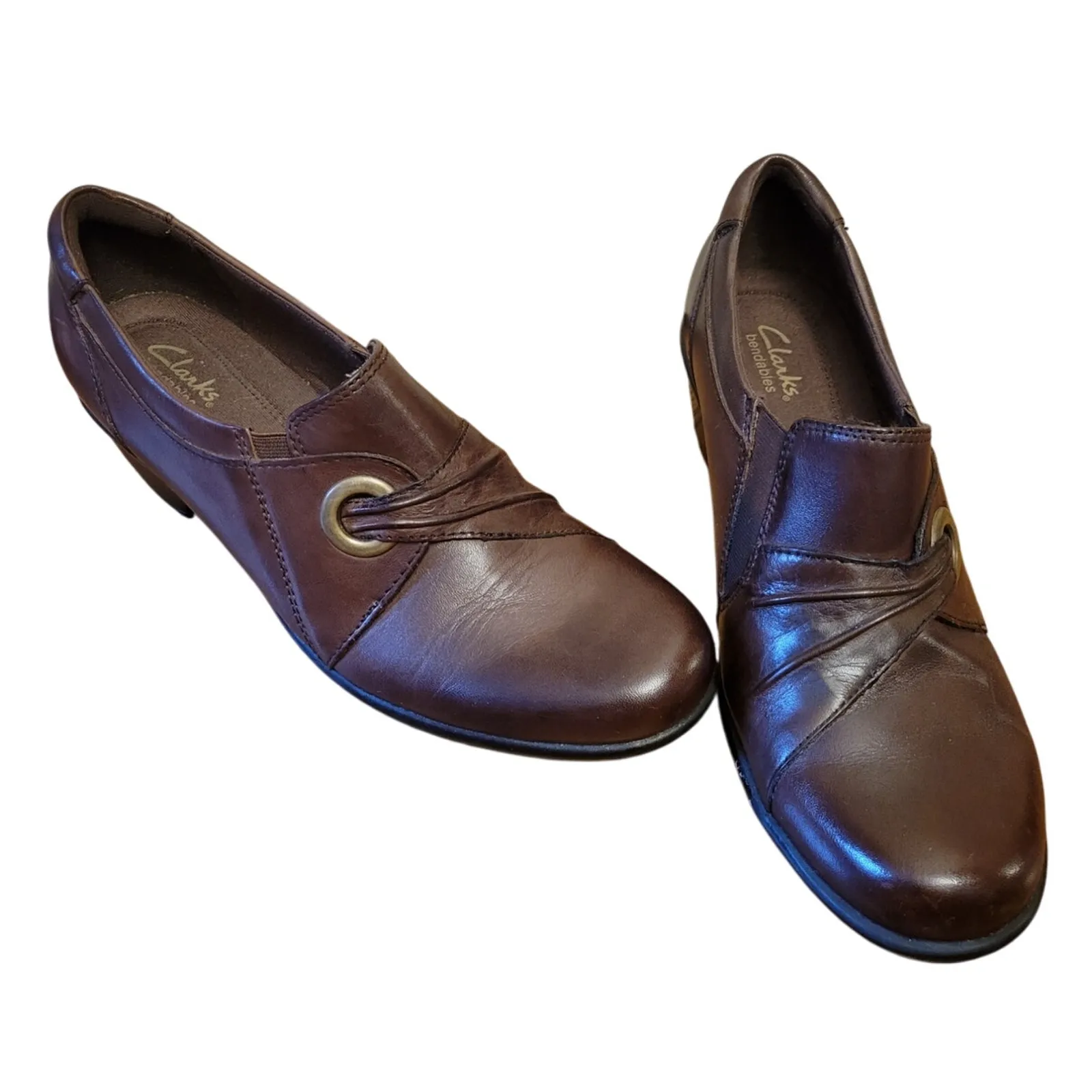 Product image for Clarks Bendables Wish Trance Brown Leather Booties Cottage Core Office Size 8M - used - Clarks 