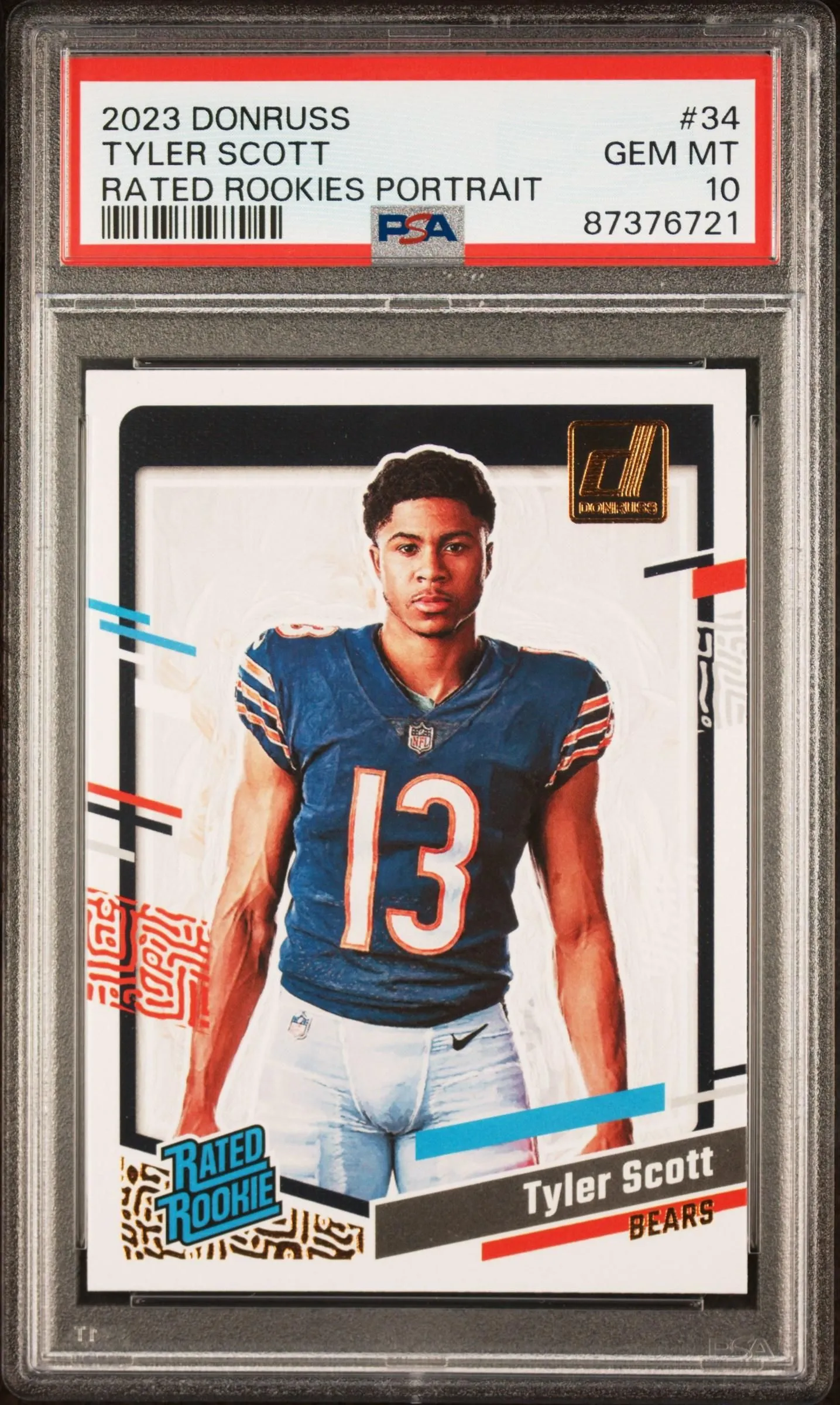 Product image for 2023 Panini Donruss Rated Rookies Portrait Tyler Scott #34 PSA 10 - Yes - 2023 - 87376721 - 10 - Football - Professional Sports Authenticator (PSA) - 34 - Panini - Tyler Scott - 2023 Panini Donruss Rated Rookies Portrait