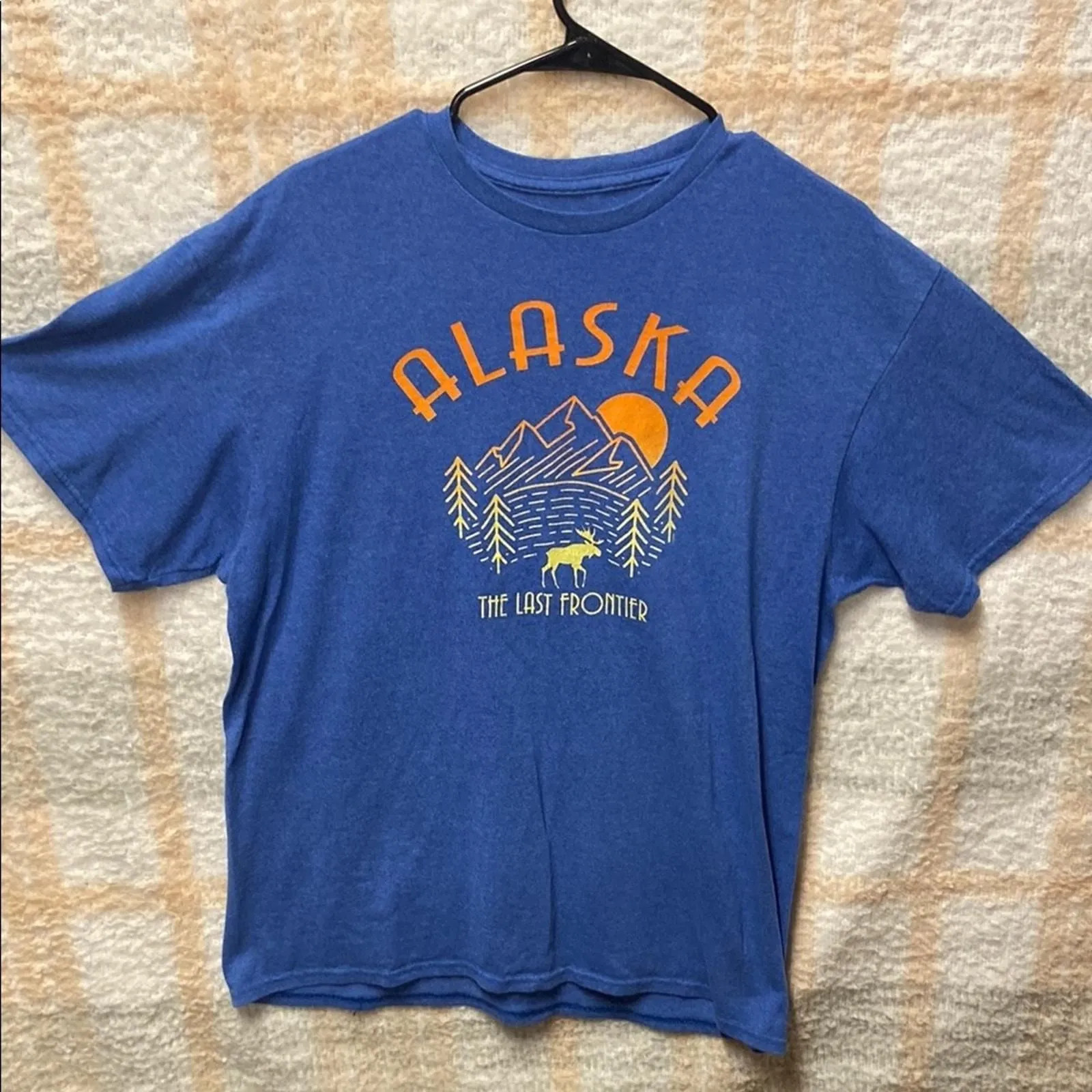 Product image for Alaska Men’s L Blue Graphic T-Shirt The Last Frontier Moose Mountains Sunset