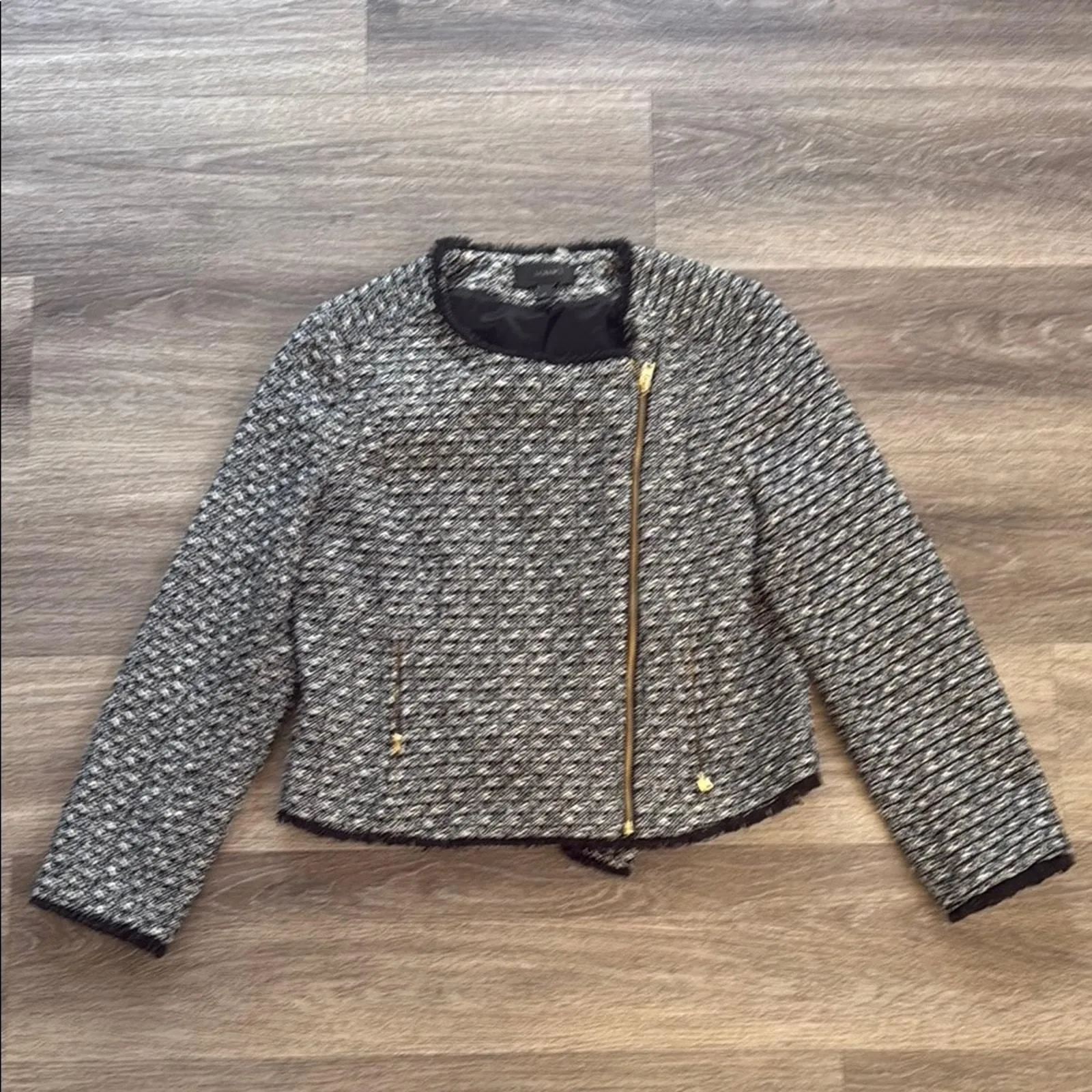 Product image for J. Crew Black and White Jacket Wool Moto-Style Tweed Texture Blazer - pre-owned---excellent - J. Crew