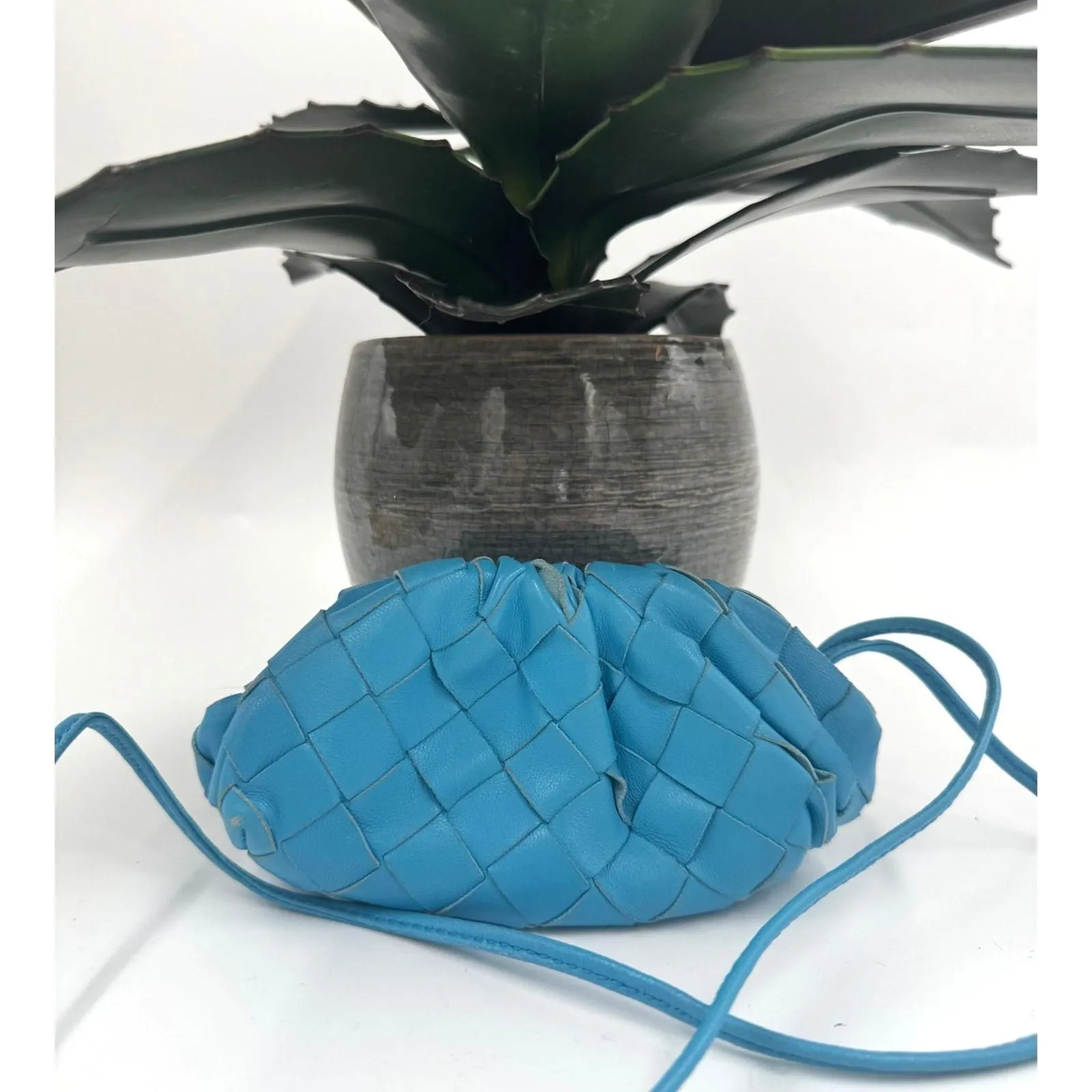 Product image for Bottega Veneta Leather Pouch w Strap Bag Charm Wristlet Blue Teal Hinge 