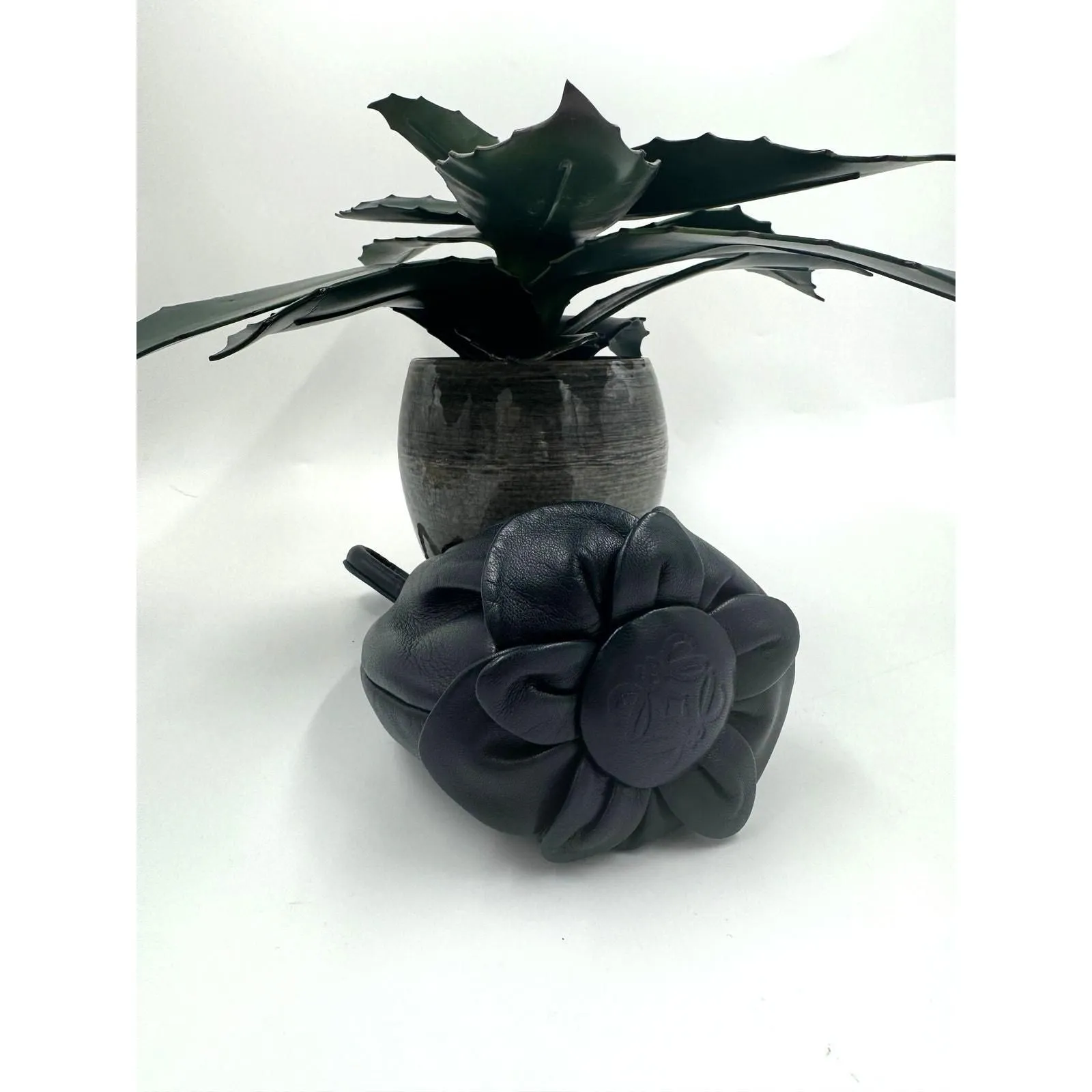 Product image for 201 Loewe Anagram Flower Leather Black Wristlet Bag Charm Zipper Closure