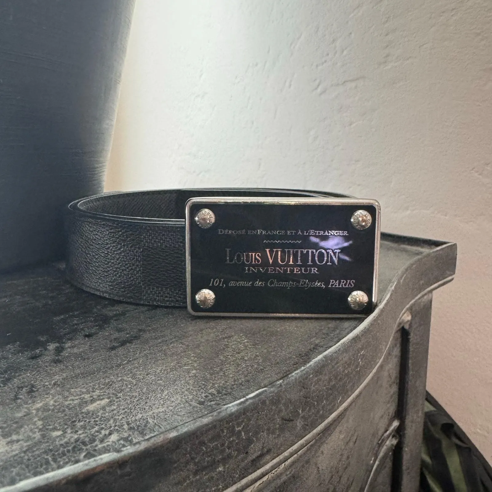 Product image for Louis Vuitton Inventeur Graphite Black Mens Belt 95/38 Box Frame Buckle SHW