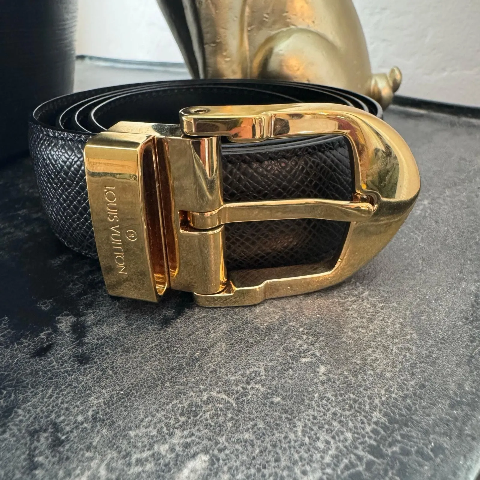 Product image for Louis Vuitton Unisex Womens Black Belt 95cm 38" Gold Tone Buckle
