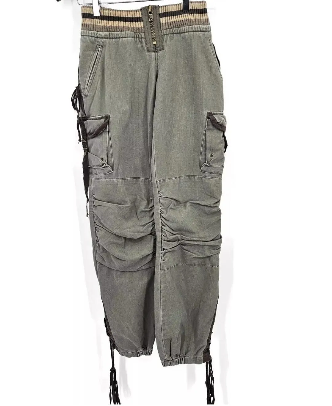Product image for Vintage Da-Nang Women Cargo Pants XS Green Pockets Cotton Side Ties Y2K Japanese