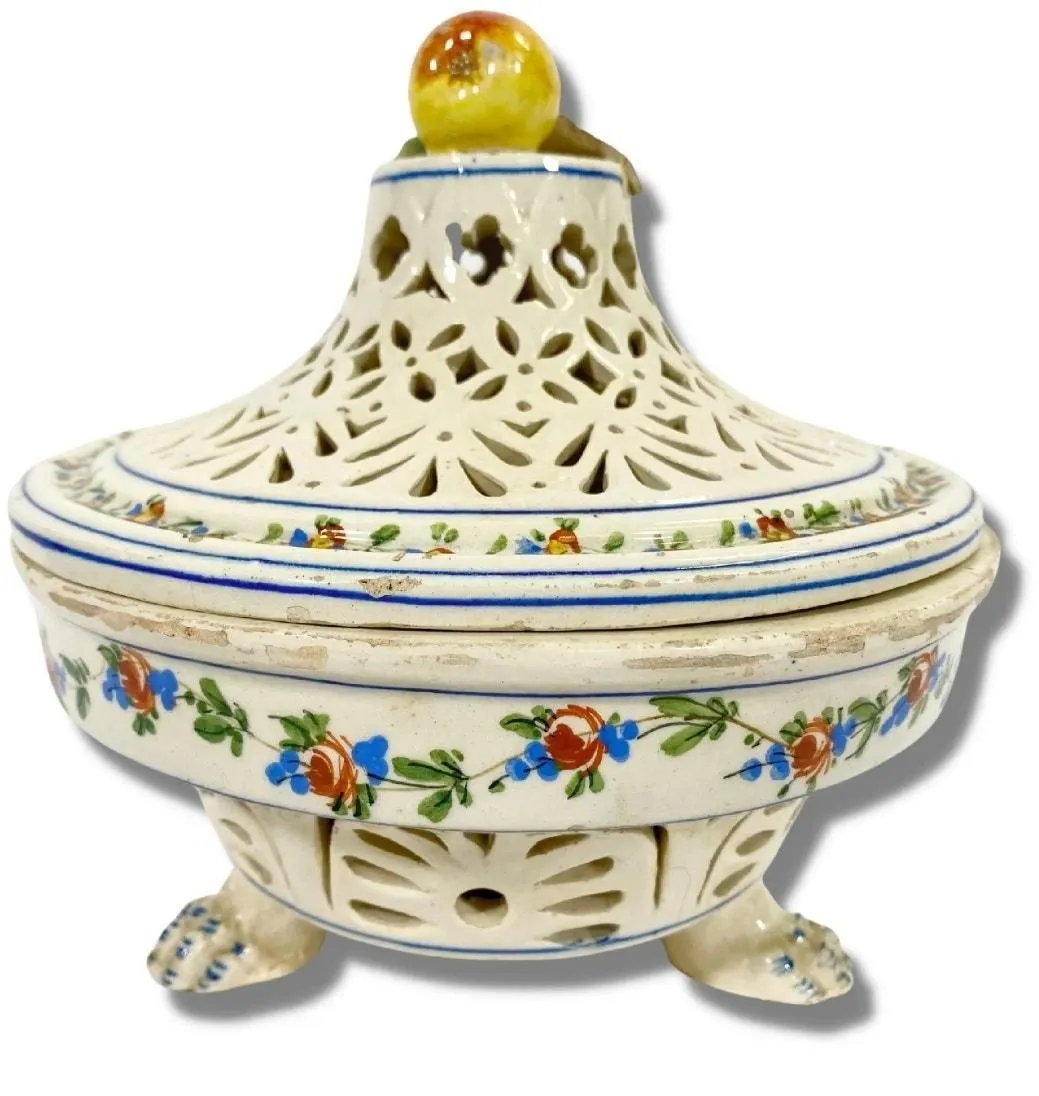 Product image for 19th Century French Creamware Potpourri Bowl with Lid Multicolor Ceramic has Feet
