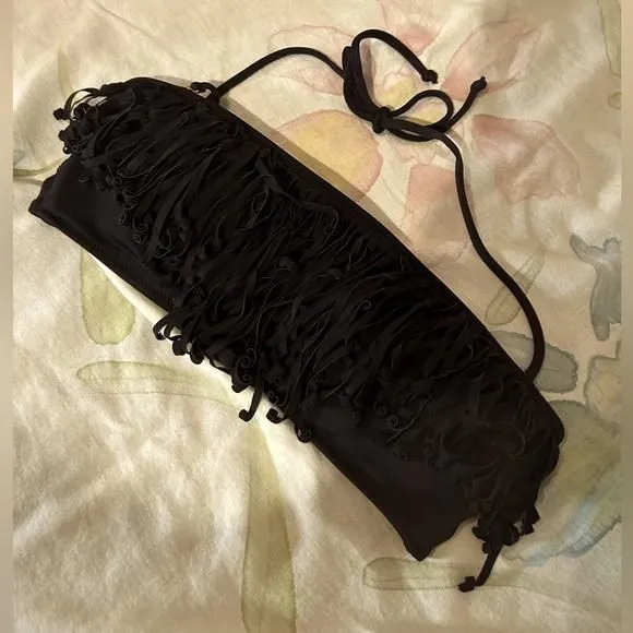 Product image for Victoria’s Secret black fringe swimsuit top. Size small