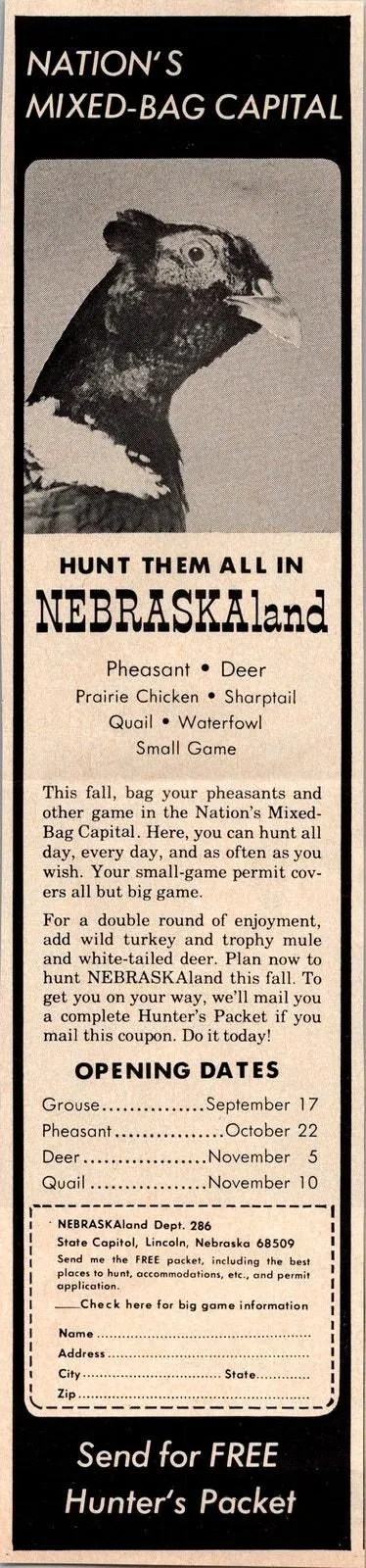 Product image for Nebraskaland Hunt Pheasant Deer Sharptail Lincoln NE 1966 Magazine Ad SAH3-2 - pre-owned---good