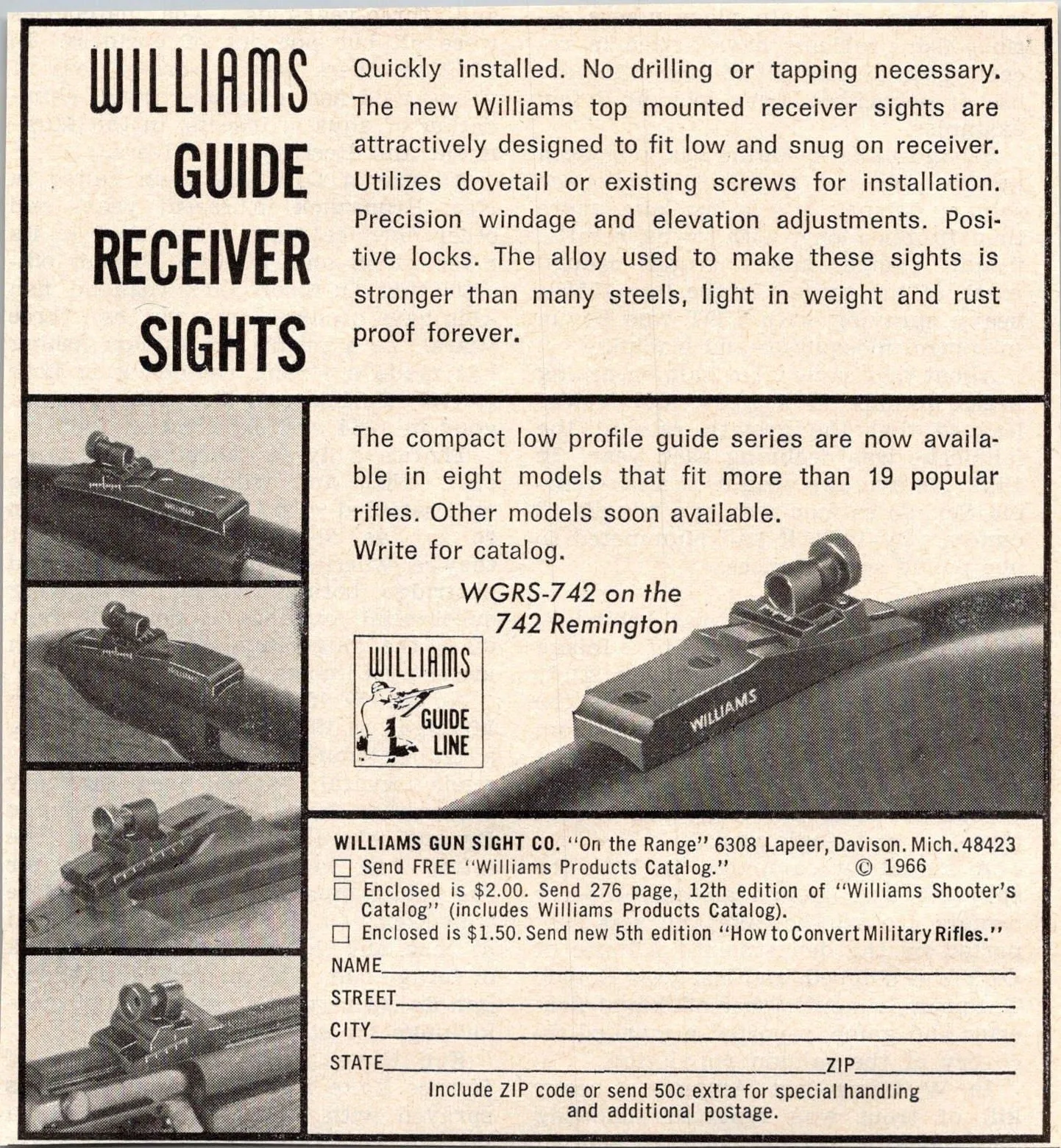Product image for Williams Gun Sight Co. Guide Receiver Sights Davison MI 1966 Magazine Ad SAH3-2 - pre-owned---good