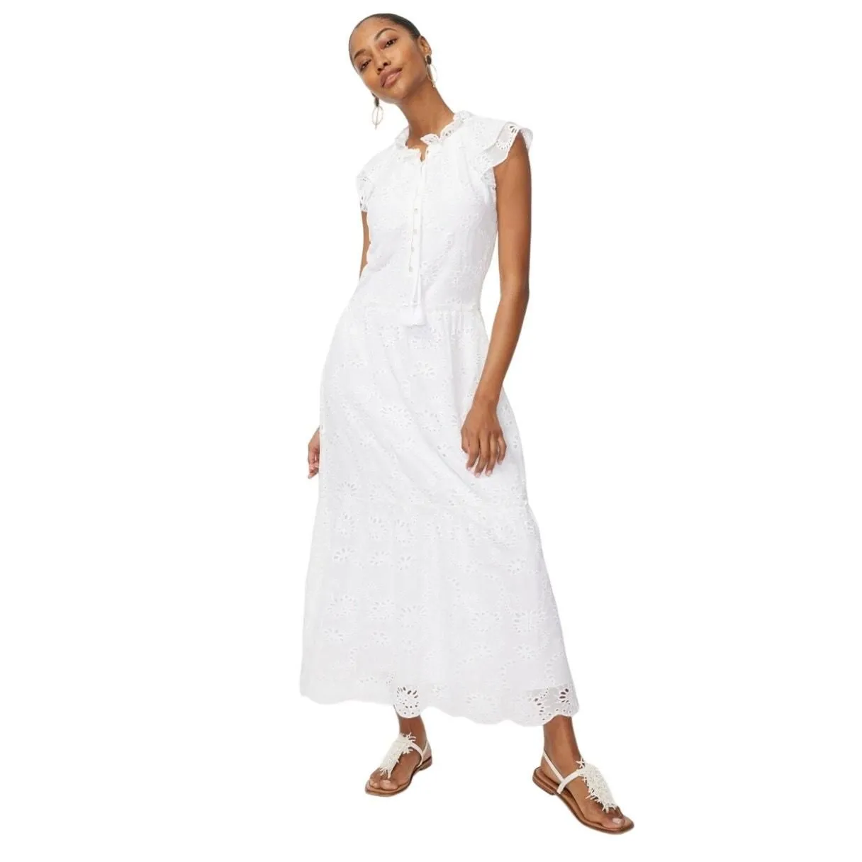 Product image for Chico's White Eyelet Tiered Midi Ruffle Fully Lined Dress Size 4 NWT $199 - new-with-tags - Chico's