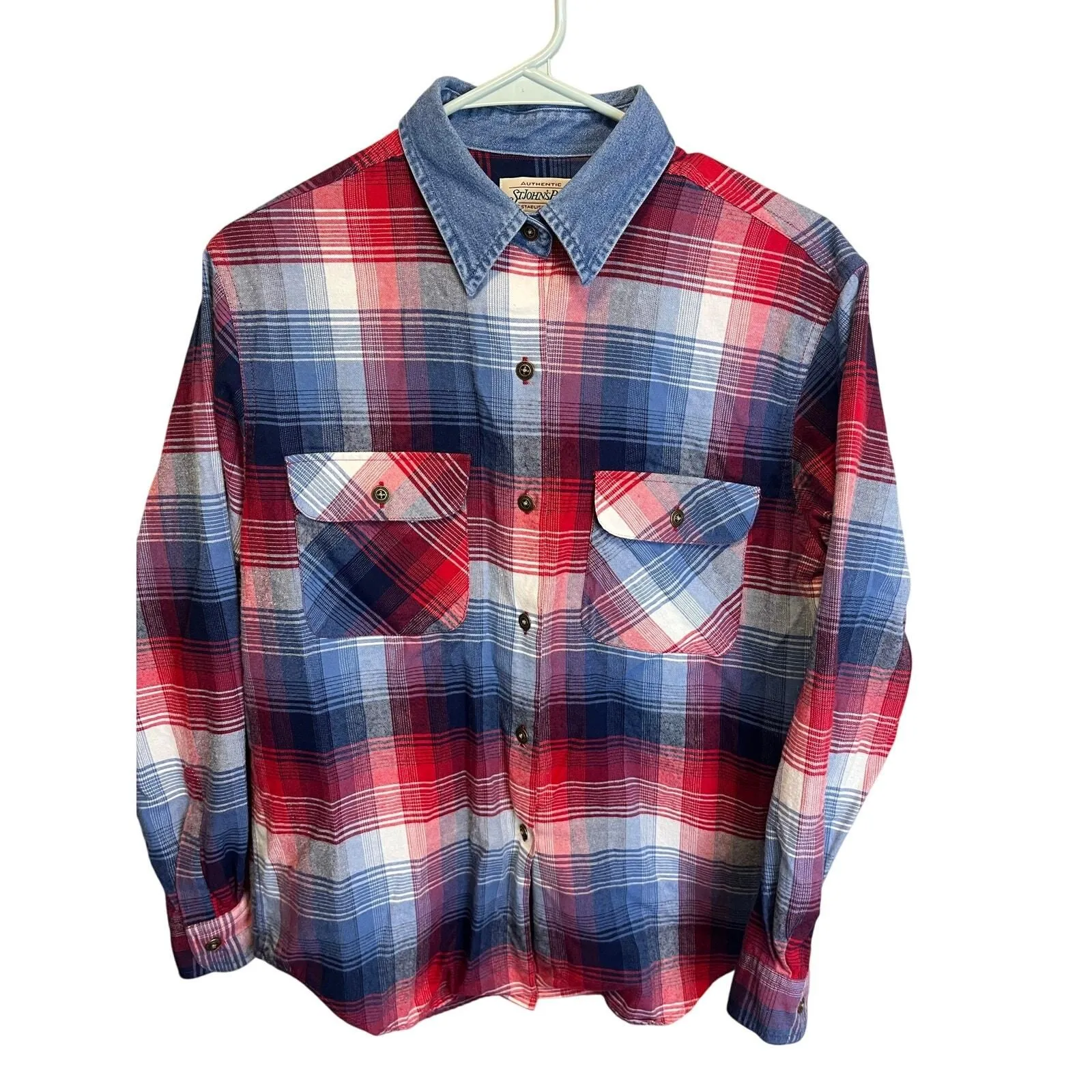 Product image for St Johns Bay Vintage Denim Collared Button Up Plaid Lightweight Long Sleeve M - pre-owned---good - St. John's Bay