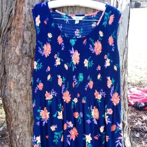 Product image for Calico indigo smocked tank midi/maxi dress with pockets in 3X
