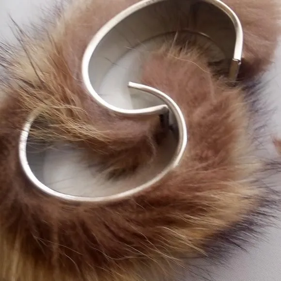 Product image for Upcycled real Coyote fur silver tone cuff, 1" wide. From vintage furs