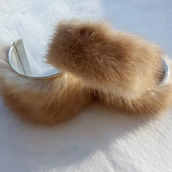 Product image for Upcycled real Mink fur silver tone cuff, 2" wide. From vintage furs