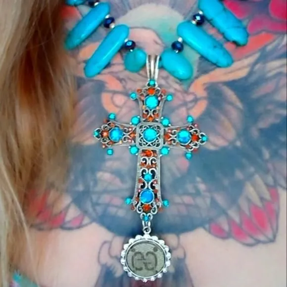Product image for Epic Vintage Boho turquoise bling Gucci Cross Necklace & Earrings set, handmade