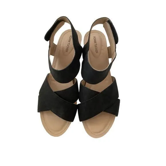 Product image for Adam Tucker Tiegan Black leather upper wedge sandal size 9.5 EUC