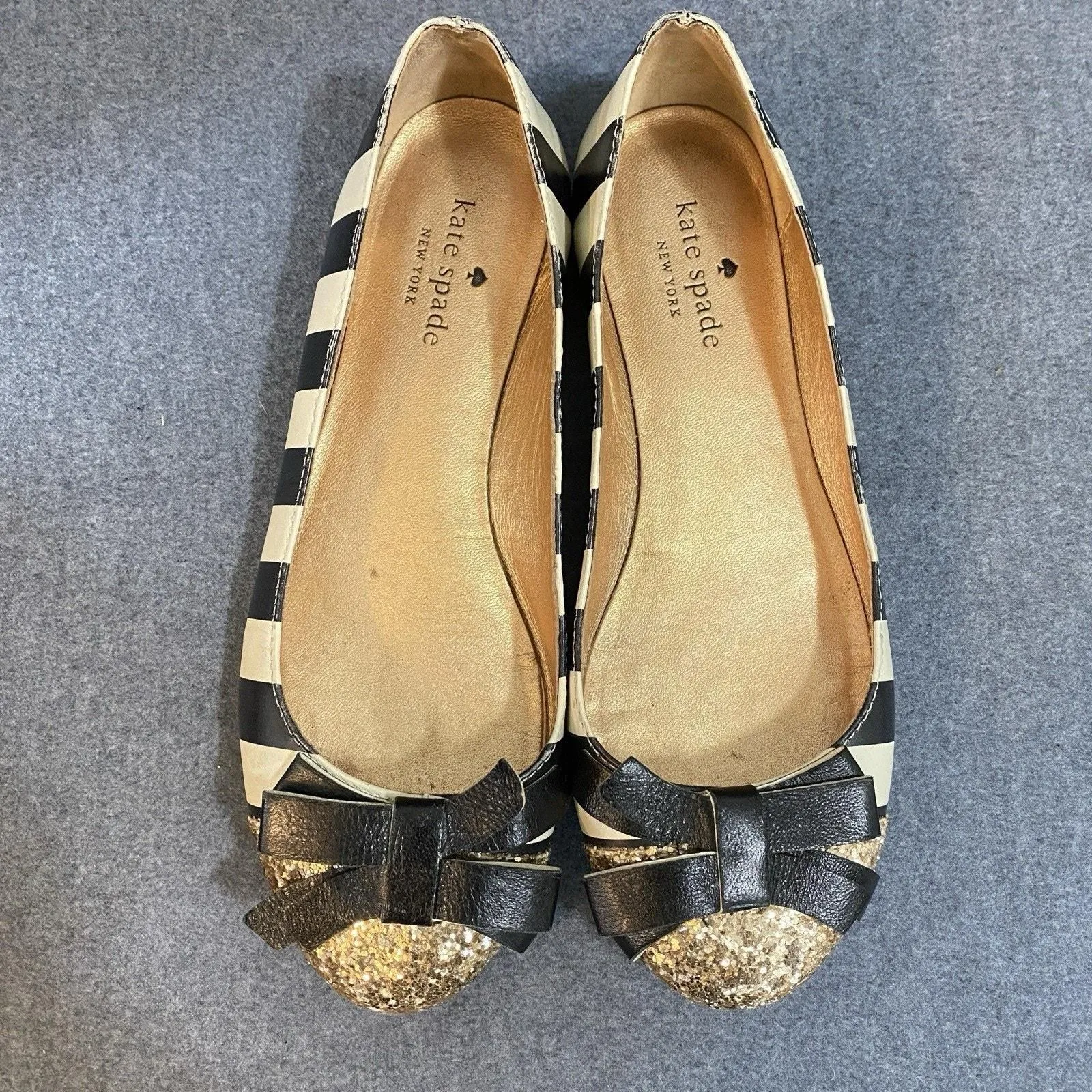 Product image for Kate Spade Trixie Women 6.5 M Black Gold Glitter Bow Stripe Slip On Flats Shoes - kate spade new york