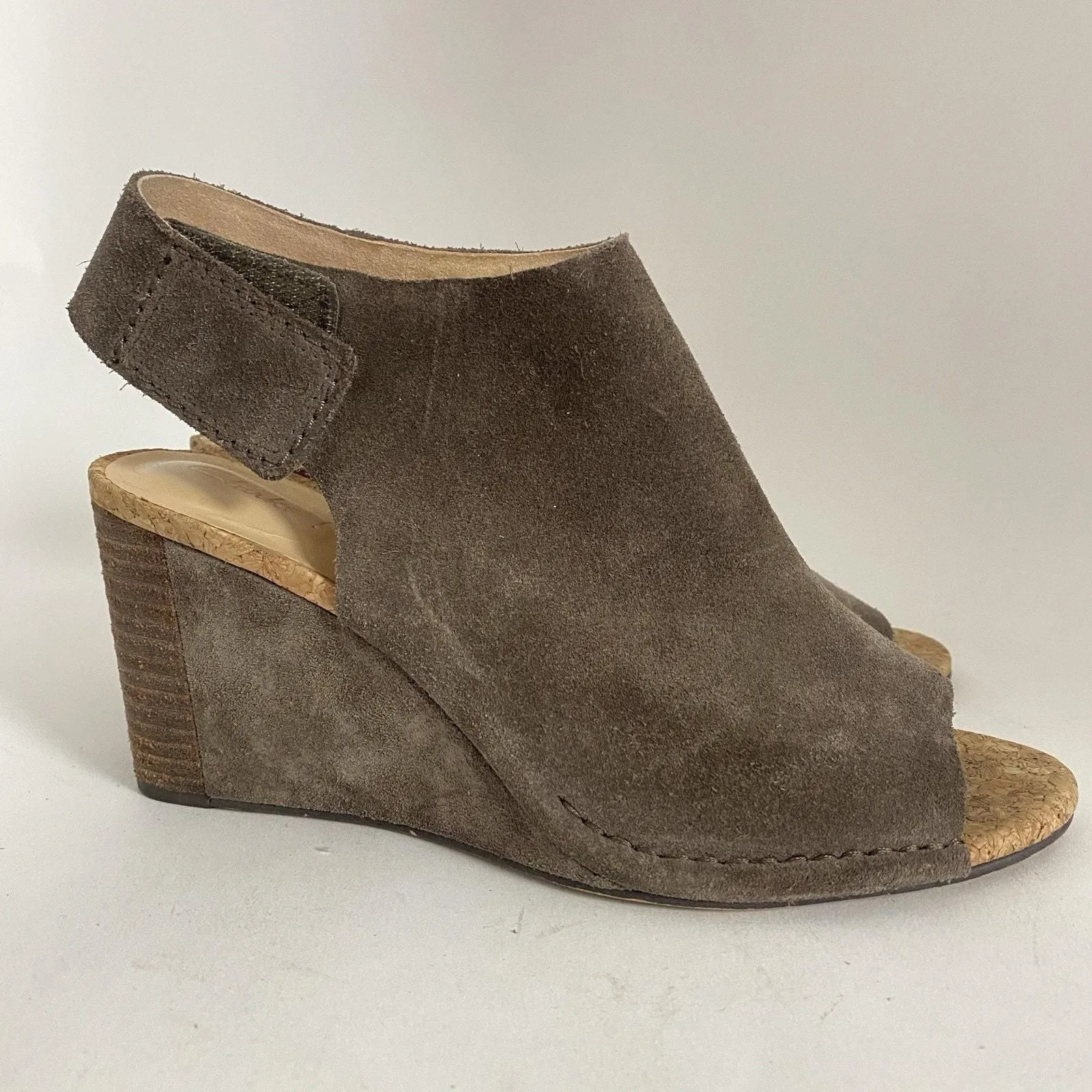 Product image for Clarks Cork Wedge Shoes Women's 7M Suede Slip On Casual Peep Toe Sandals - Clarks