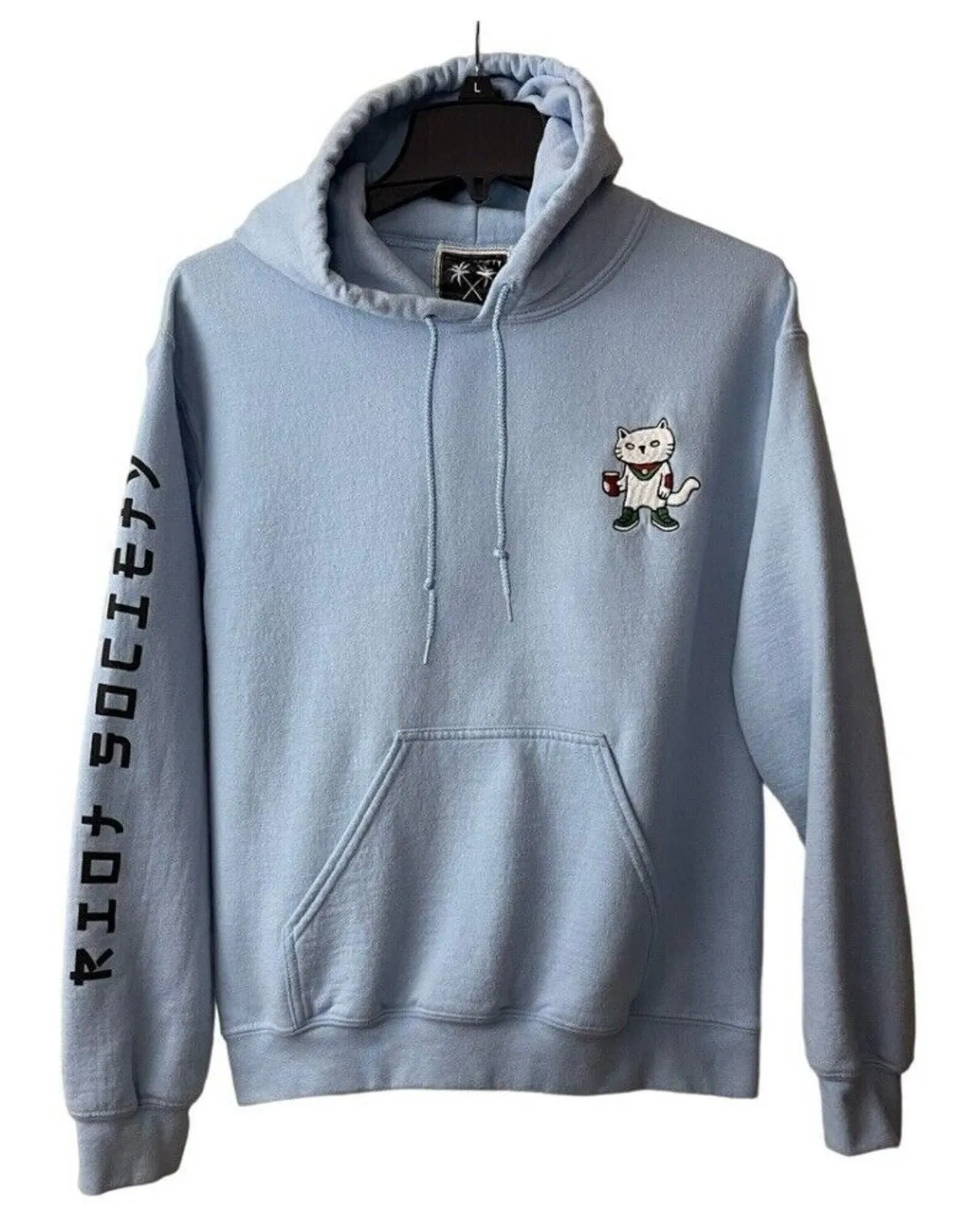 Product image for Riot Society Hoodie Mens Small Blue Embroidered Graphic Sweatshirt Drawstring - pre-owned---good - Riot Society