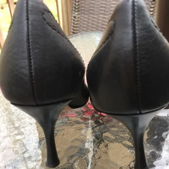 Product image for Tahari Black Leather Peep-Toe Duane Stiletto Pumps