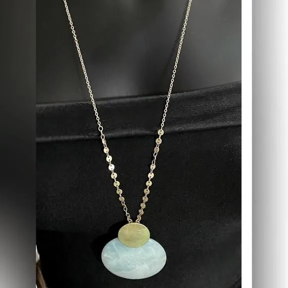 Product image for Calcite Stone (Color of Larimar) and Brushed Gold Tone Necklace 33”
