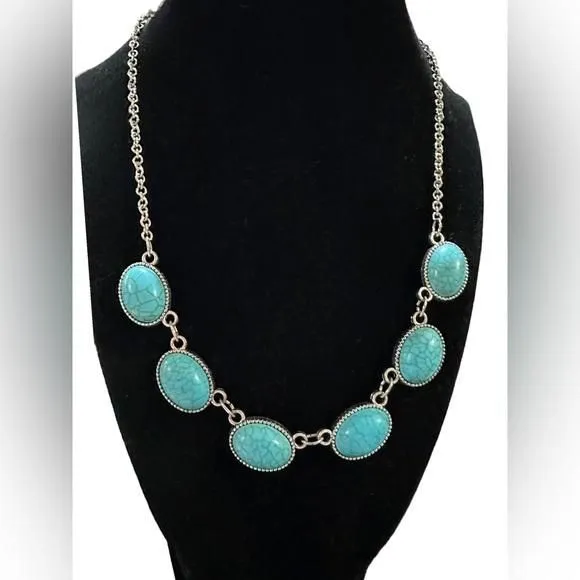 Product image for Faux Turquoise Six Stone Silver Tone Necklace 18-21” with charm on extender